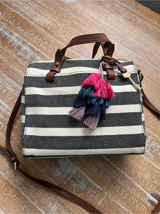 Fossil Handbags - Fossil Black & Cream Striped Crossbody with Multicolor Tassel